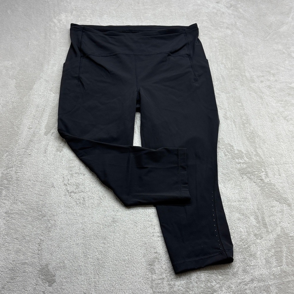 Lululemon Fast and Free Crop Women 14 Black Pockets Reflective Athletic Leggings